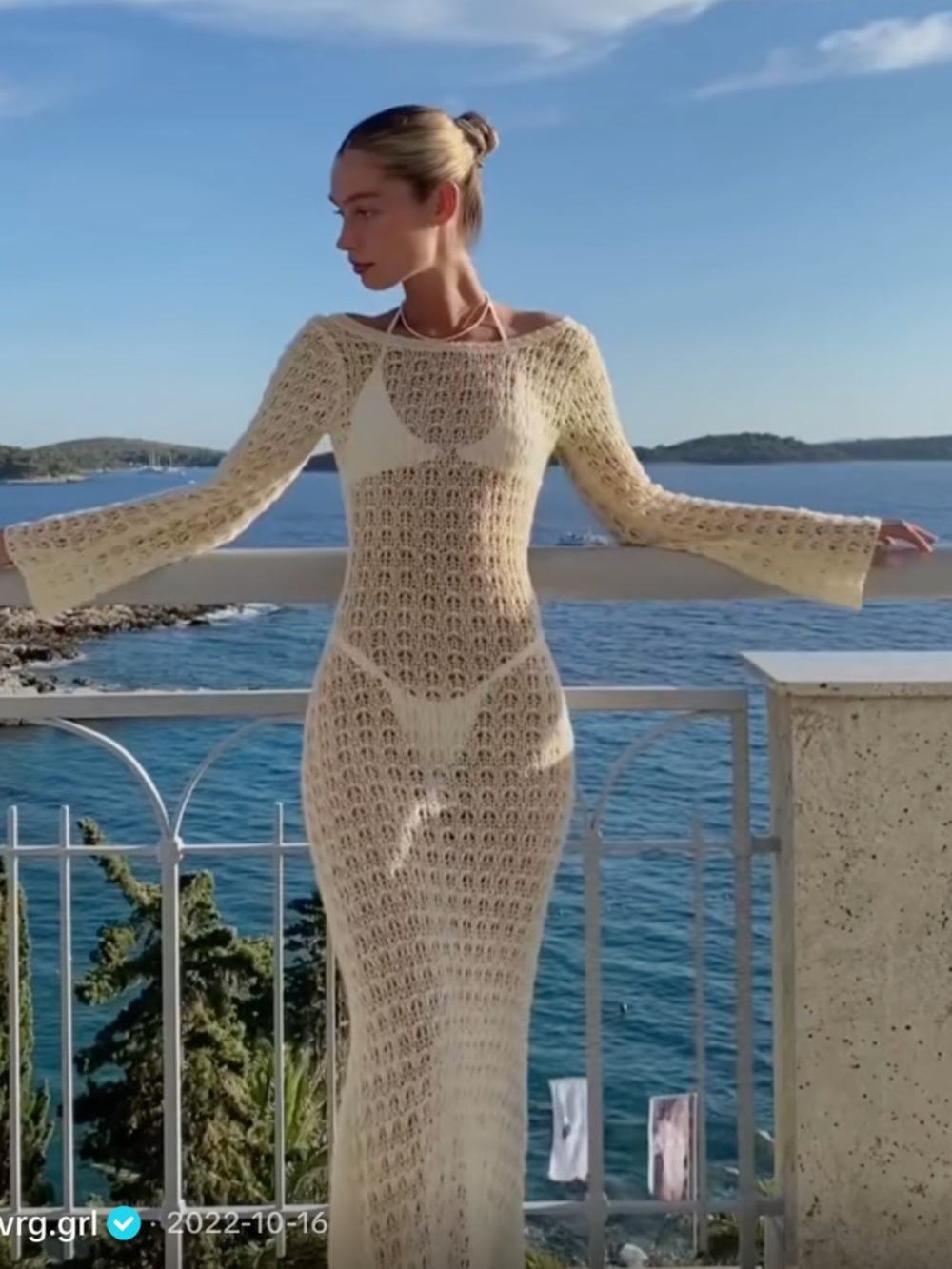 VRG GRL Exploring Art Knit Maxi Dress Sheer, Long Bell Sleeves in Cream (XS)